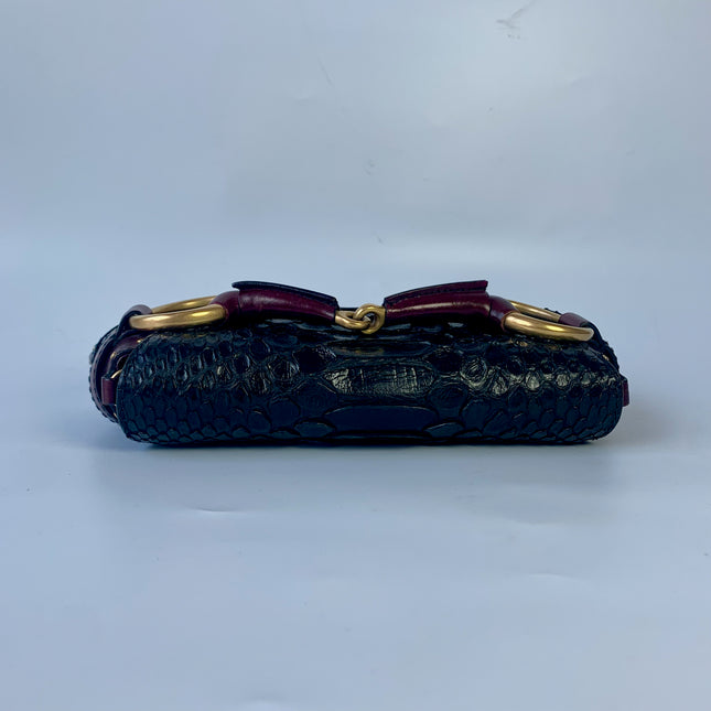 Sold Gucci Horsebit 1955 Black Crocodile Skin and Burgundy Leather based and Gold Hardware Small