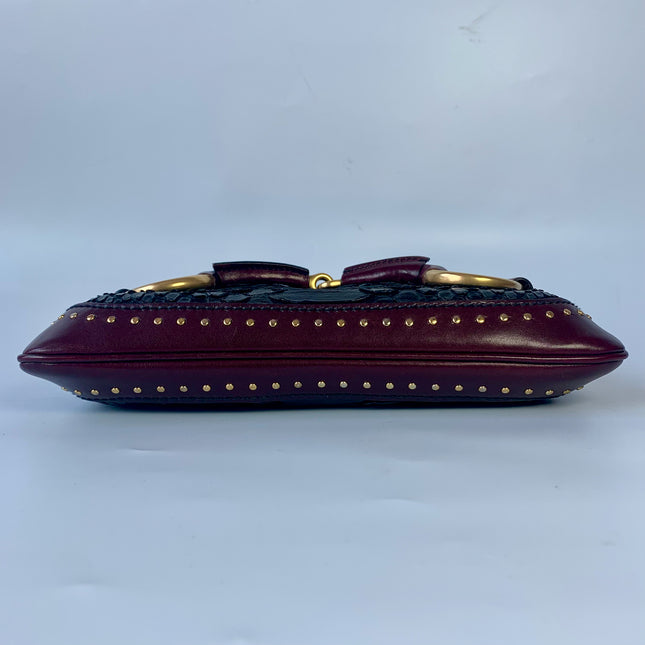 Sold Gucci Horsebit 1955 Black Crocodile Skin and Burgundy Leather based and Gold Hardware Small
