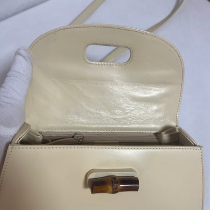 Gucci Bamboo 1947 Vintage Small White Box Leather Top Handle and Leather Strap Bag