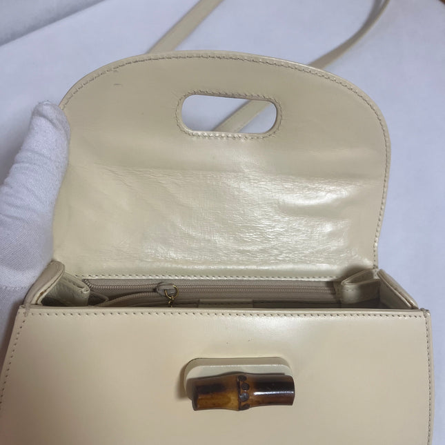 Gucci Bamboo 1947 Vintage Small White Box Leather Top Handle and Leather Strap Bag