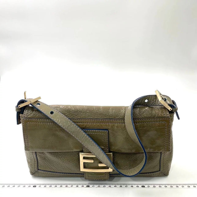 Fendi Baguette Dark Green Crinkled Patent Leather Shoulder Bag