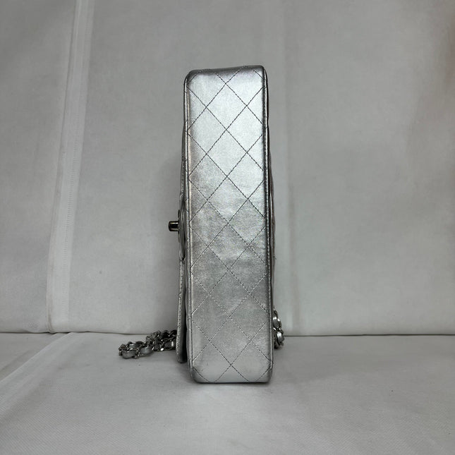 Chanel Classic Flap Medium Silver Lambskin Leather Silver Hardware