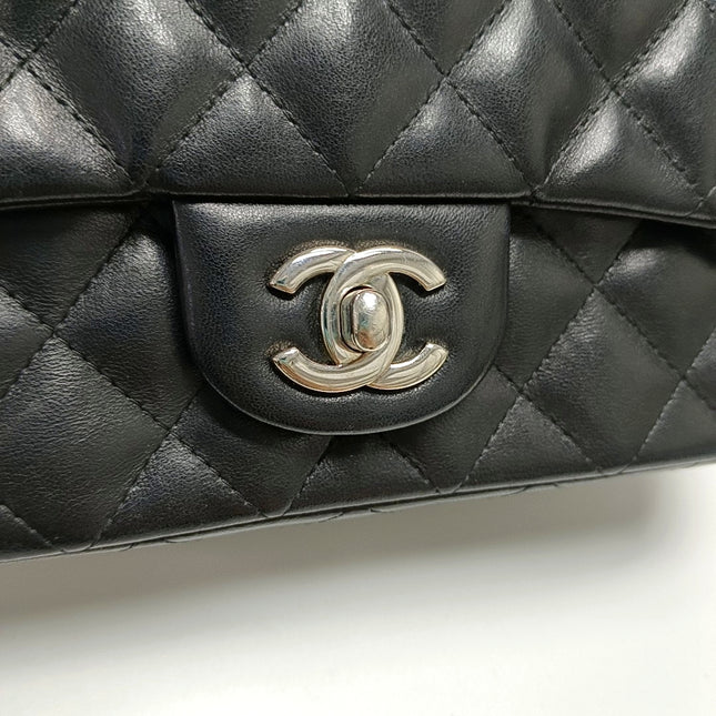 Chanel Classic Flap Mini 2014 Black Lambskin Camellia Charms Silver Hardware