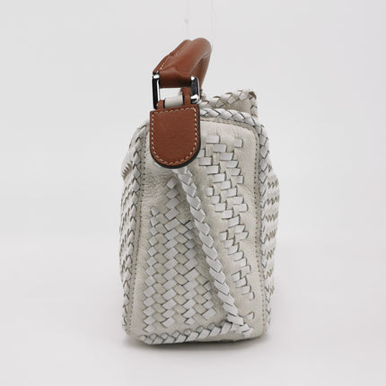 Loewe Puzzle Small Leather Woven Braided White Crossbody Bag