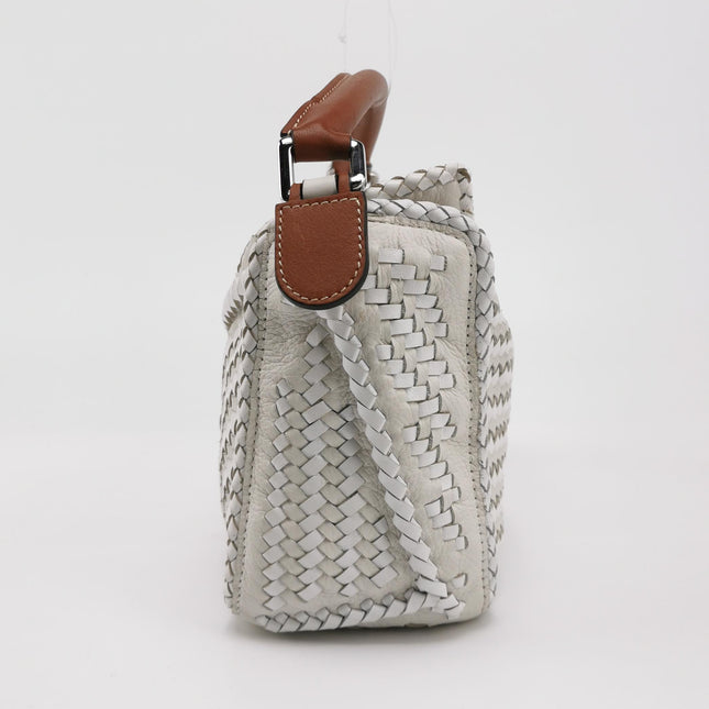 Loewe Puzzle Small Leather Woven Braided White Crossbody Bag