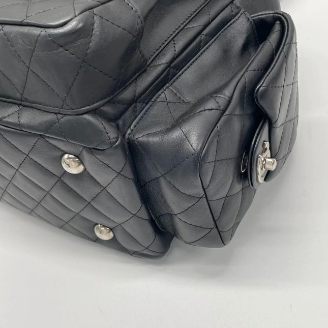 Chanel Cambon Multi-pocket Ligne Reporter Bag Large Black Calfskin Leather White Logo