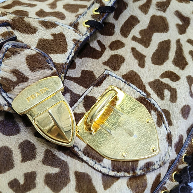 Prada Messenger Leopard Print Pony-style Calfskin Fringe Trimmed Shoulder Bag