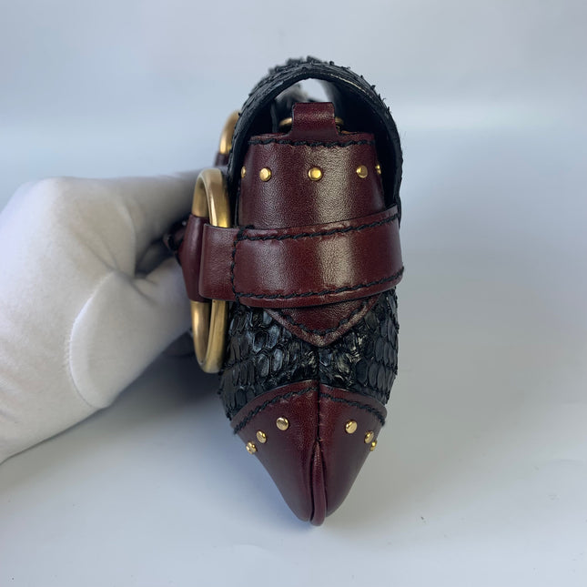 Sold Gucci Horsebit 1955 Black Crocodile Skin and Burgundy Leather based and Gold Hardware Small