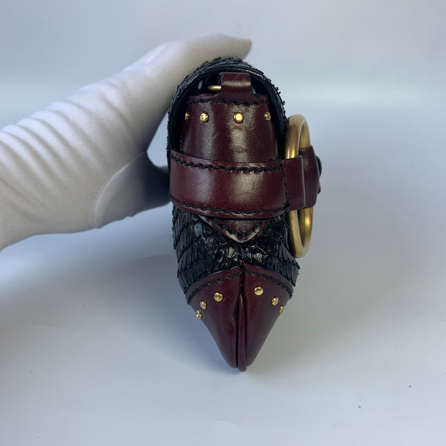 Sold Gucci Horsebit 1955 Black Crocodile Skin and Burgundy Leather based and Gold Hardware Small