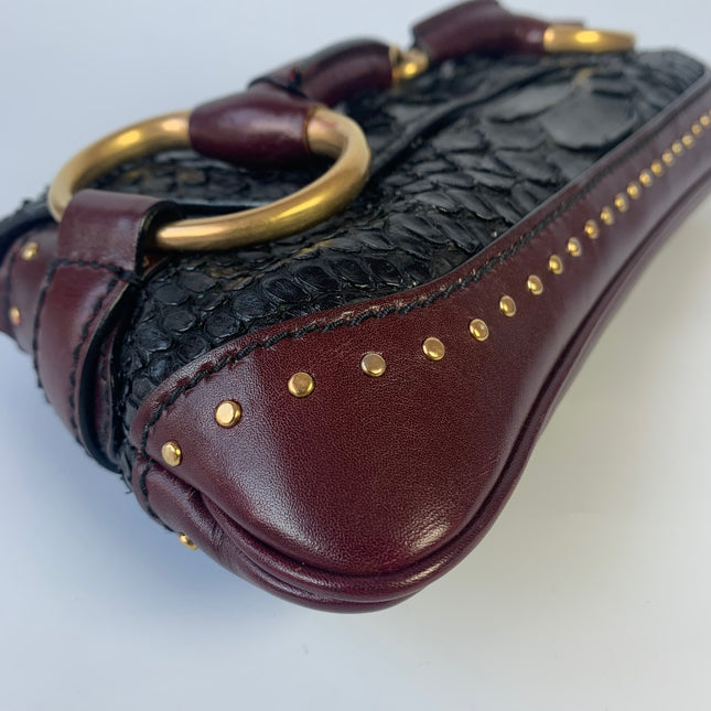 Sold Gucci Horsebit 1955 Black Crocodile Skin and Burgundy Leather based and Gold Hardware Small