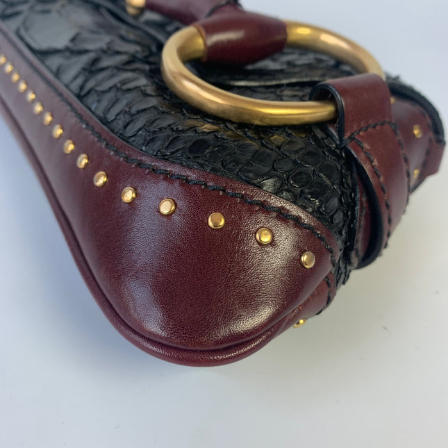 Sold Gucci Horsebit 1955 Black Crocodile Skin and Burgundy Leather based and Gold Hardware Small