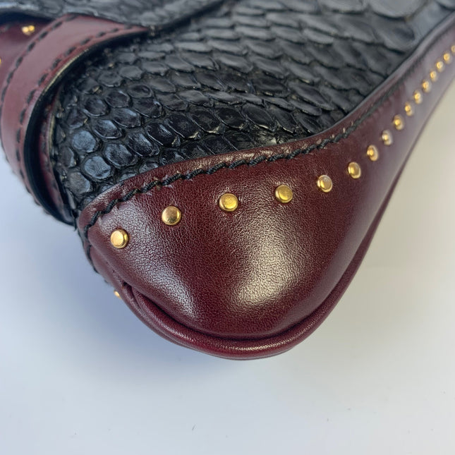 Sold Gucci Horsebit 1955 Black Crocodile Skin and Burgundy Leather based and Gold Hardware Small