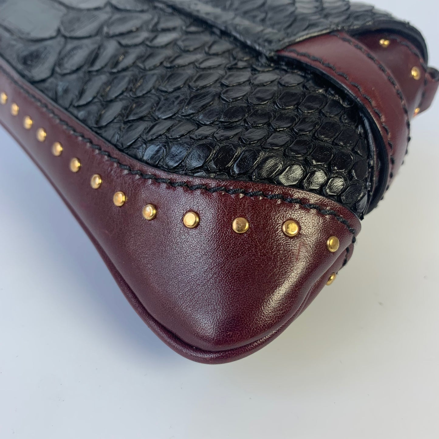 Gucci Horsebit 1955 Black Crocodile Skin and Burgundy Leather based and Gold Hardware Small