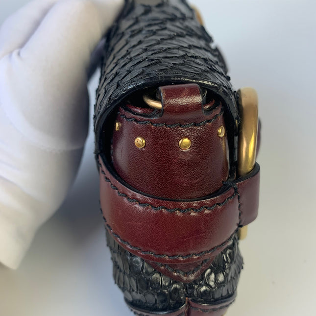 Sold Gucci Horsebit 1955 Black Crocodile Skin and Burgundy Leather based and Gold Hardware Small