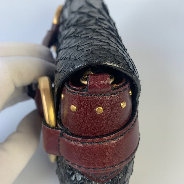 Sold Gucci Horsebit 1955 Black Crocodile Skin and Burgundy Leather based and Gold Hardware Small