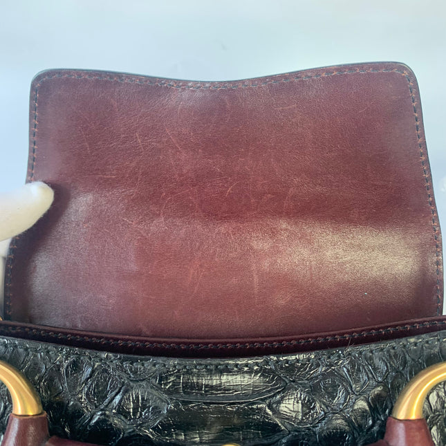 Sold Gucci Horsebit 1955 Black Crocodile Skin and Burgundy Leather based and Gold Hardware Small