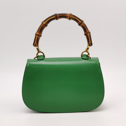 Gucci Bamboo 1947 Top Handle Bag Small Green Box Leather Canvas Strap