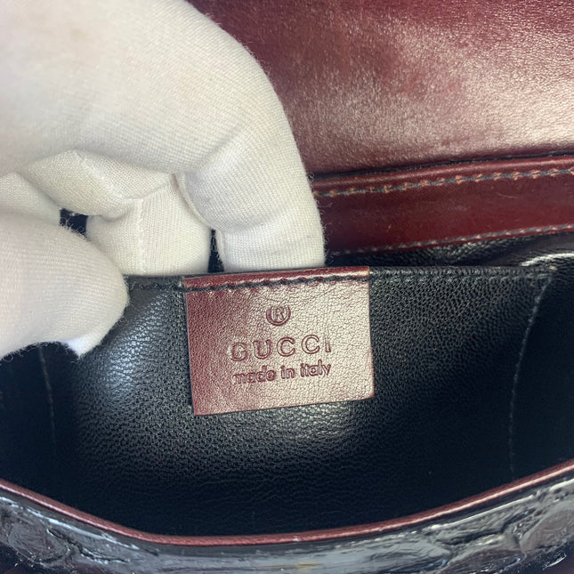 Sold Gucci Horsebit 1955 Black Crocodile Skin and Burgundy Leather based and Gold Hardware Small