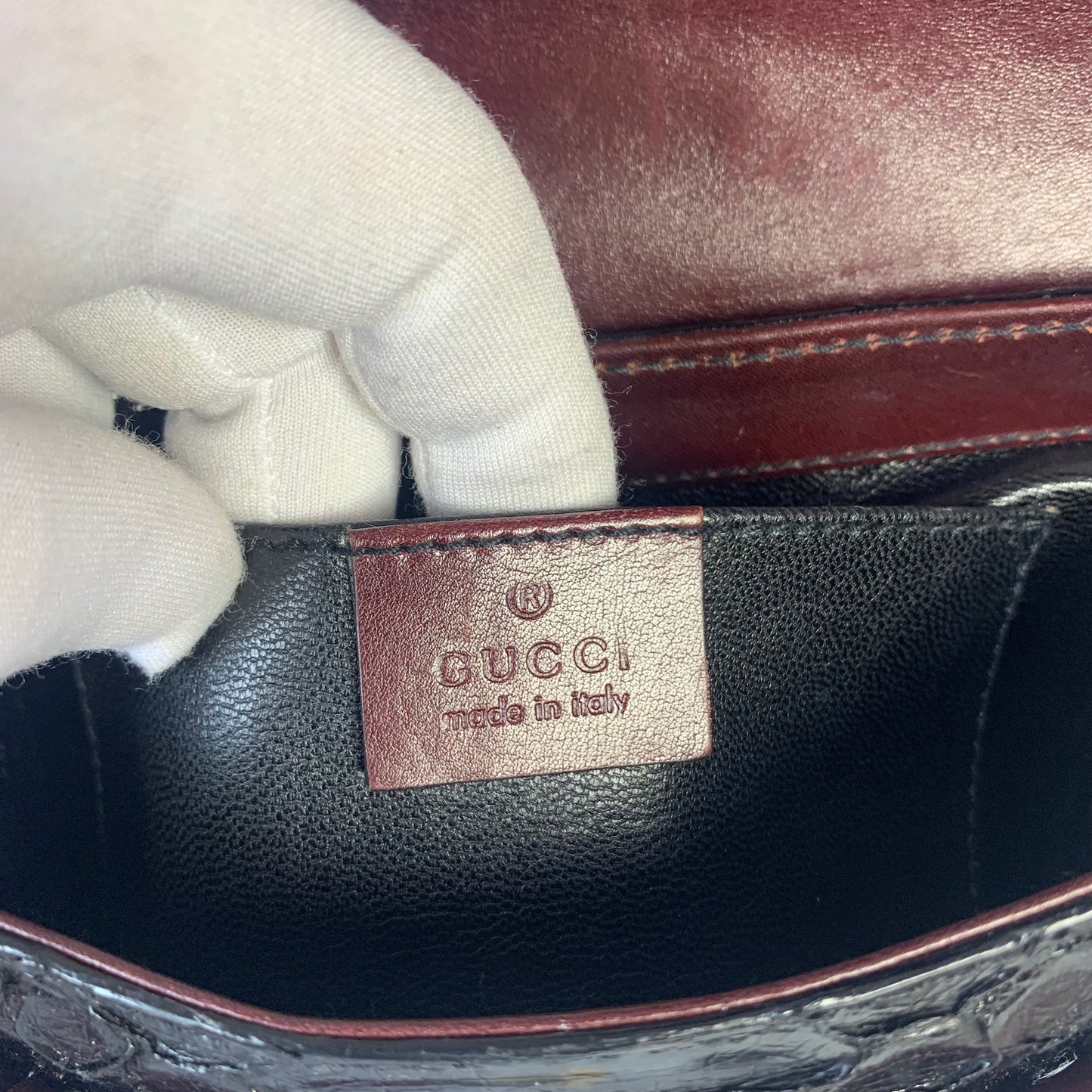 Gucci Horsebit 1955 Black Crocodile Skin and Burgundy Leather based and Gold Hardware Small