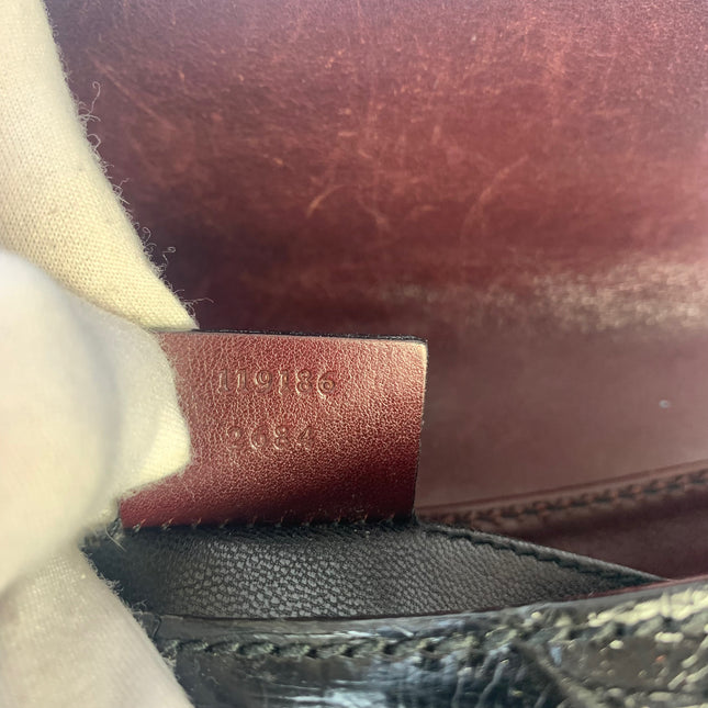 Sold Gucci Horsebit 1955 Black Crocodile Skin and Burgundy Leather based and Gold Hardware Small