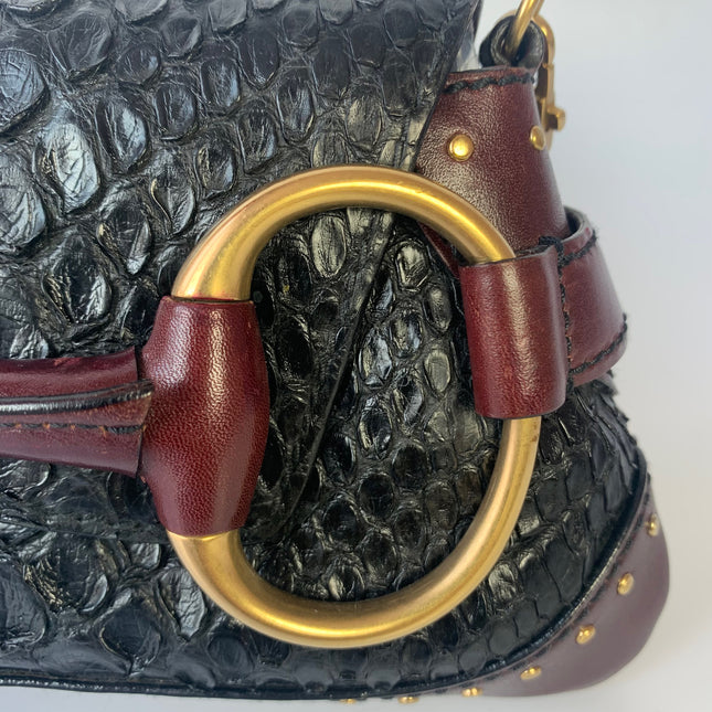 Sold Gucci Horsebit 1955 Black Crocodile Skin and Burgundy Leather based and Gold Hardware Small