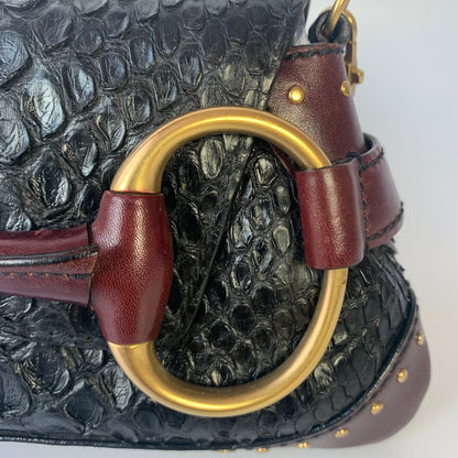 Gucci Horsebit 1955 Black Crocodile Skin and Burgundy Leather based and Gold Hardware Small