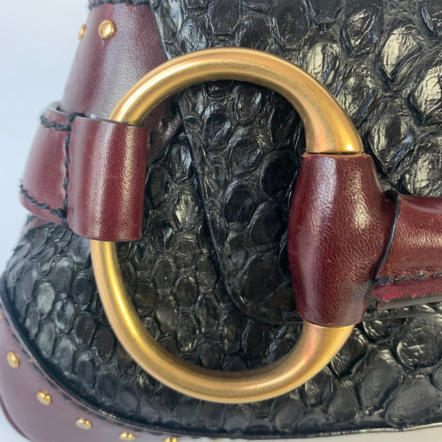 Sold Gucci Horsebit 1955 Black Crocodile Skin and Burgundy Leather based and Gold Hardware Small