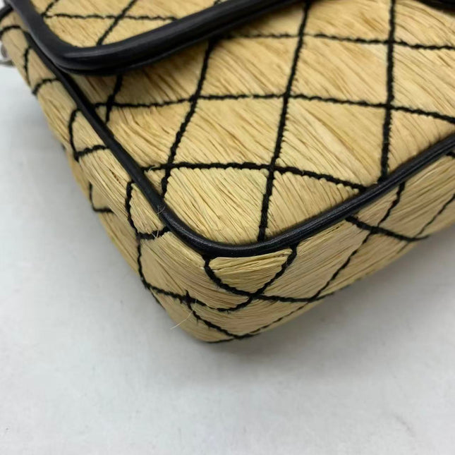 Chanel Medium Straw Wicker Flap Bag Black Diamond Wild Stitch
