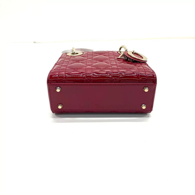 Lady Dior Mini 2020 Red Burgundy Patent Leather Gold Hardware Suede Interior Chain Strap