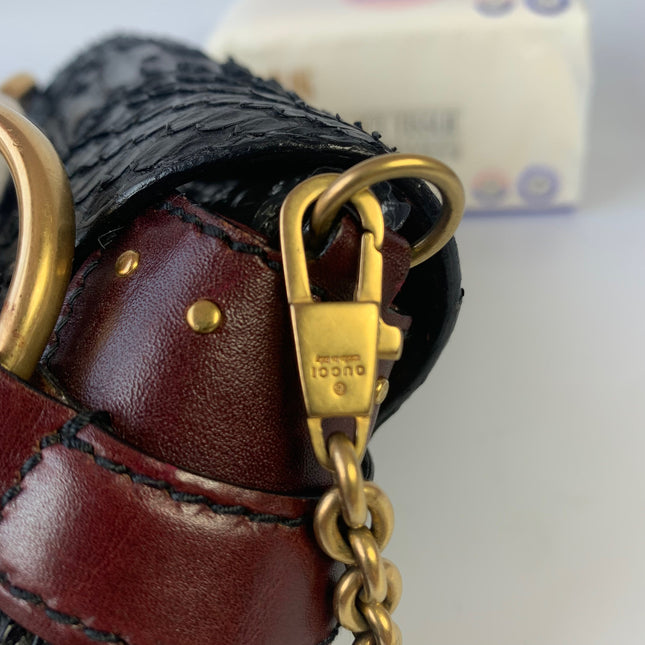 Sold Gucci Horsebit 1955 Black Crocodile Skin and Burgundy Leather based and Gold Hardware Small