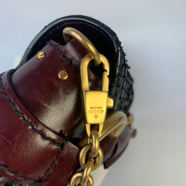 Sold Gucci Horsebit 1955 Black Crocodile Skin and Burgundy Leather based and Gold Hardware Small