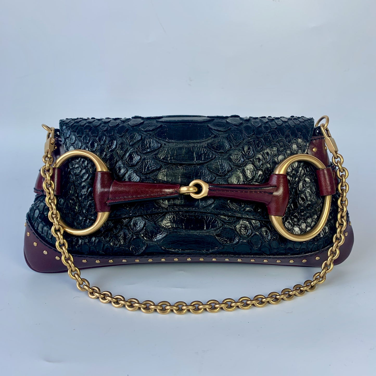 Gucci Horsebit 1955 Black Crocodile Skin and Burgundy Leather based and Gold Hardware Small