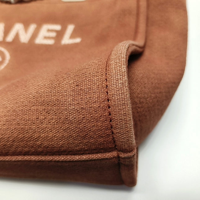 Chanel Deauville Tote Red Cloth Leather Chain Strap Small 34cm