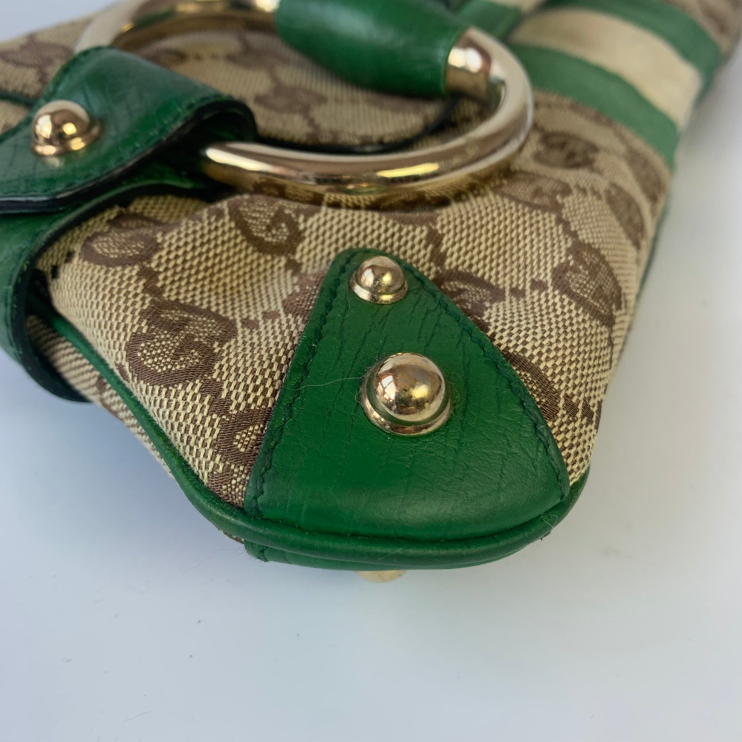 Iconic Gucci Horsebit 1955 Chain Cloth Gucci Monogram Green Leather and Gold Studs