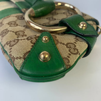 Iconic Gucci Horsebit 1955 Chain Cloth Gucci Monogram Green Leather and Gold Studs