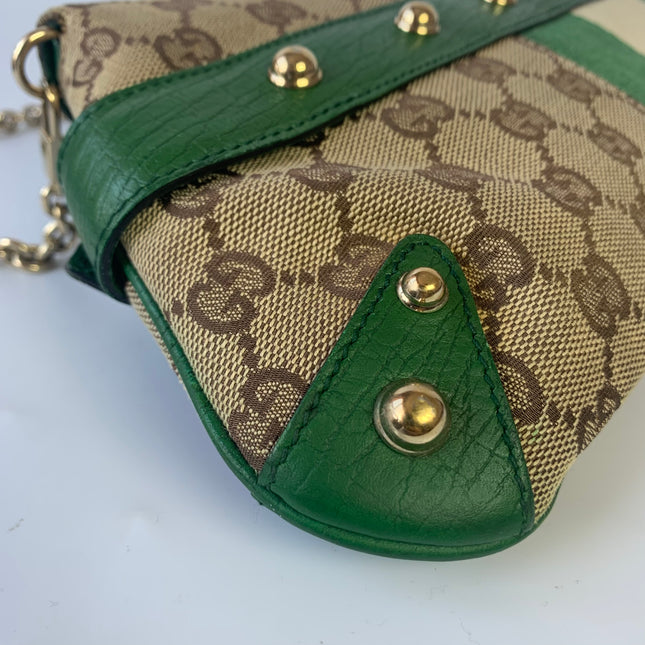 Sold Iconic Gucci Horsebit 1955 Chain Cloth Gucci Monogram Green Leather and Gold Studs