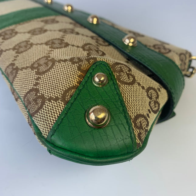 Sold Iconic Gucci Horsebit 1955 Chain Cloth Gucci Monogram Green Leather and Gold Studs