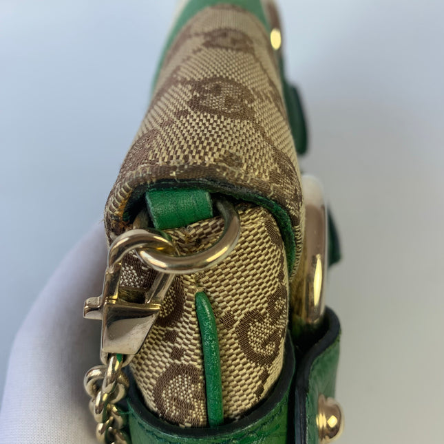 Sold Iconic Gucci Horsebit 1955 Chain Cloth Gucci Monogram Green Leather and Gold Studs