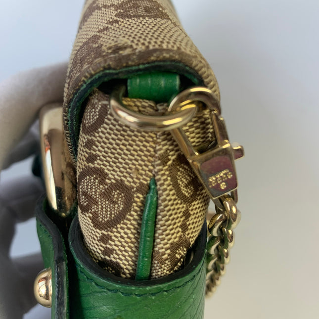 Sold Iconic Gucci Horsebit 1955 Chain Cloth Gucci Monogram Green Leather and Gold Studs