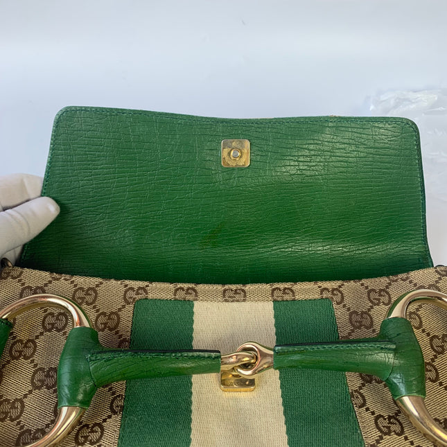 Sold Iconic Gucci Horsebit 1955 Chain Cloth Gucci Monogram Green Leather and Gold Studs