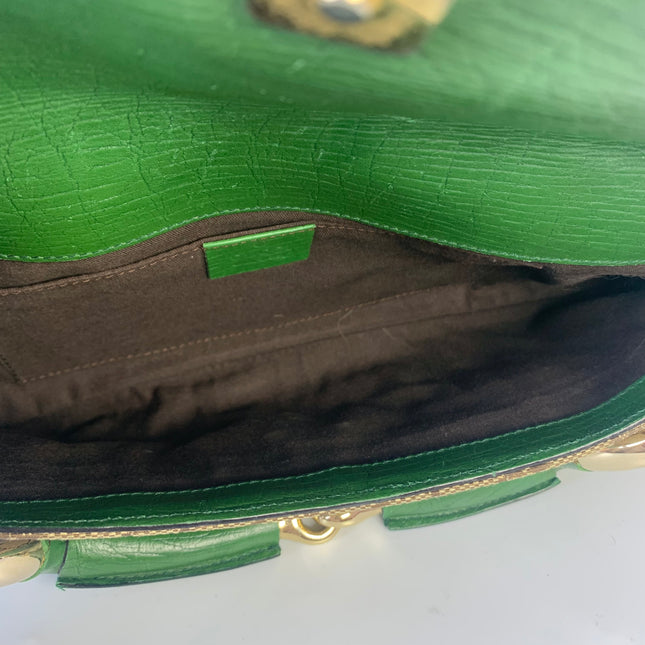 Sold Iconic Gucci Horsebit 1955 Chain Cloth Gucci Monogram Green Leather and Gold Studs