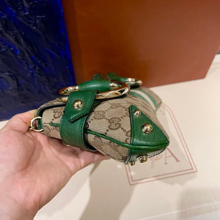 Gucci Horsebit 1955 Chain Cloth Green Web Monogram Leather and Gold Studs