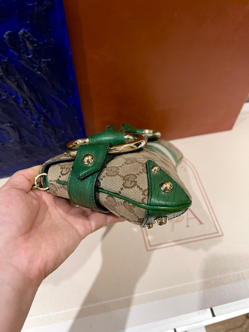 Gucci Horsebit 1955 Chain Cloth Green Web Monogram Leather and Gold Studs