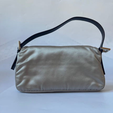 FENDI Baguette Beige Grey Silk Satin with Crystal Buckle Shoulder Bag