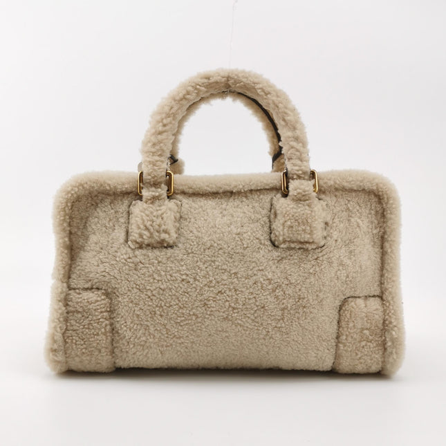 Loewe Amazona Small 29 White Shearling Gold Hardware Top Handle Bag