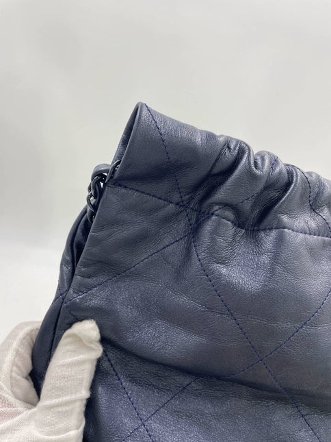 Chanel 22 Hobo Bag Medium Shiny Calfskin Leather Metallic Navy