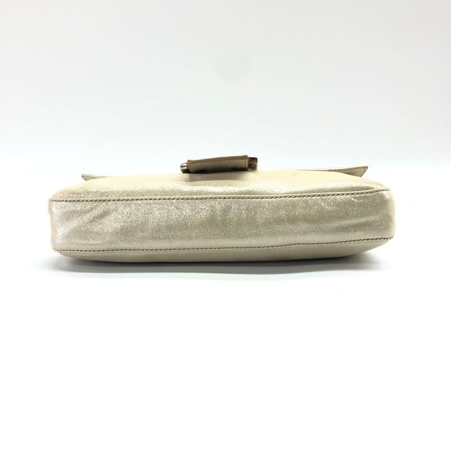 FENDI Baguette 1997 White Pearlescent Fabric Crystal Buckle Shoulder Bag