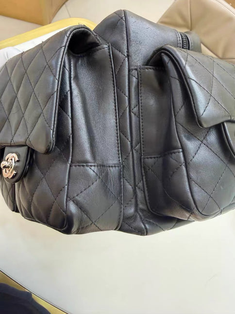 Chanel Cambon Multi-pocket Ligne Reporter Bag Large Black Calfskin Leather White Logo