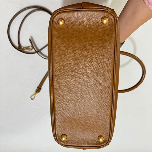 Prada Galleria Saffiano Leather Small Tan Brown Handbag with Strap 25cm