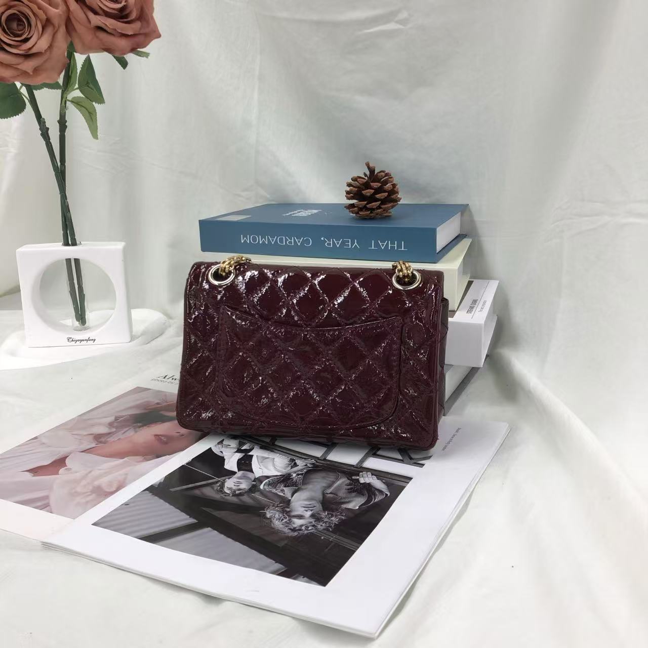 Chanel 2.55 Mini Reissue Quilted Burgundy Patent Leather Double Flap Gold HW